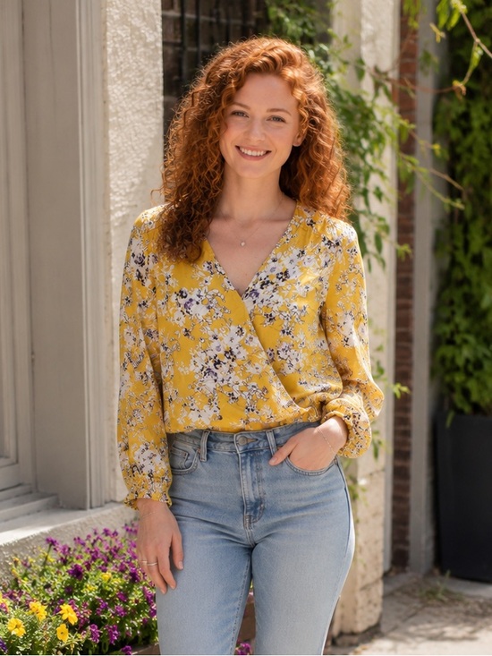 ROSE+OLIVE Tops - Rose + Olive Yellow Floral Wrap Style Blouse Boho Cottagecore Medium